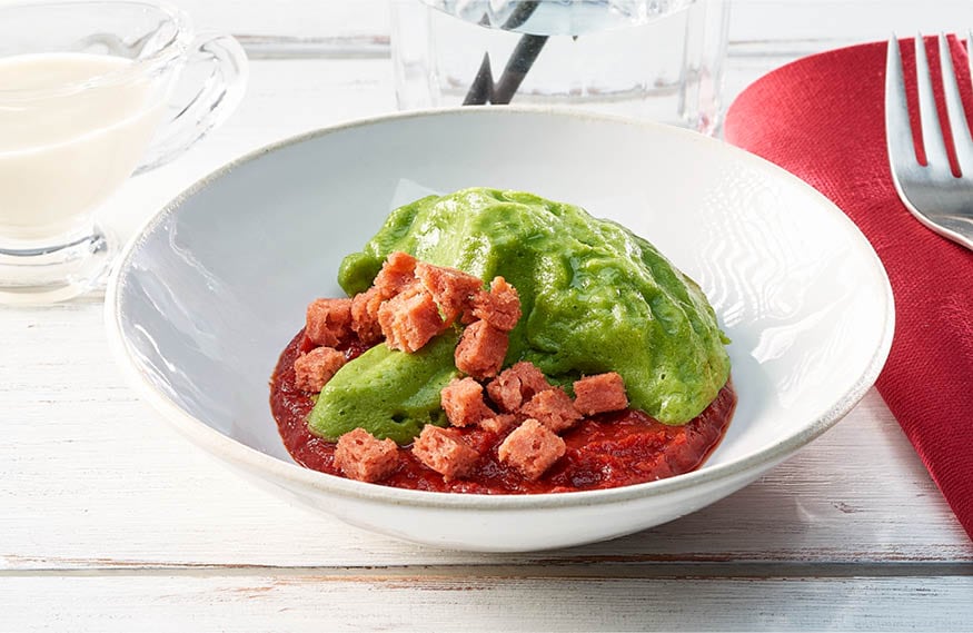 Brokkoli-Salat mit Tomaten und Knusper-Speck in pürierter Form – Rezepte